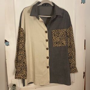 SHEIN Two-Tone Leopard Sleeve Button-Up Shirt